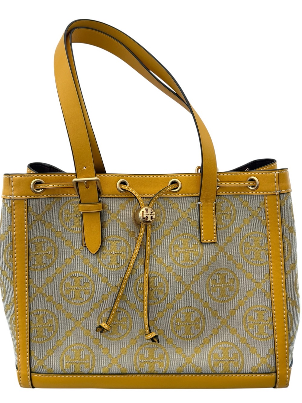 Tory Burch Yellow Iconic T Logo Jacquard Drawstring Bag with Leather Trim